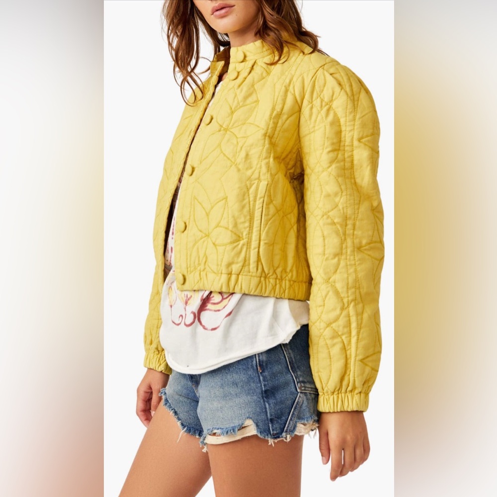 Free People Yellow Quinn Quilted Bomber Jacket